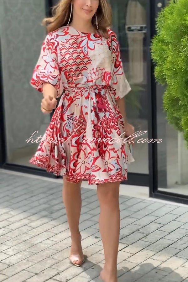 Unique Printed Round Neck Short Sleeve Waist Tie Vacation Mini Dress