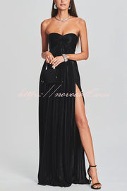 Metallic Sexy Tube Top Pleated High Slit Maxi Dress