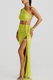 Juliana Rope Detail Ruched One Shoulder Cutout Stretch Maxi Dress