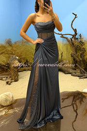 Essie Satin Rhinestone Patchwork Twist Waist Strapless Slit Maxi Dress