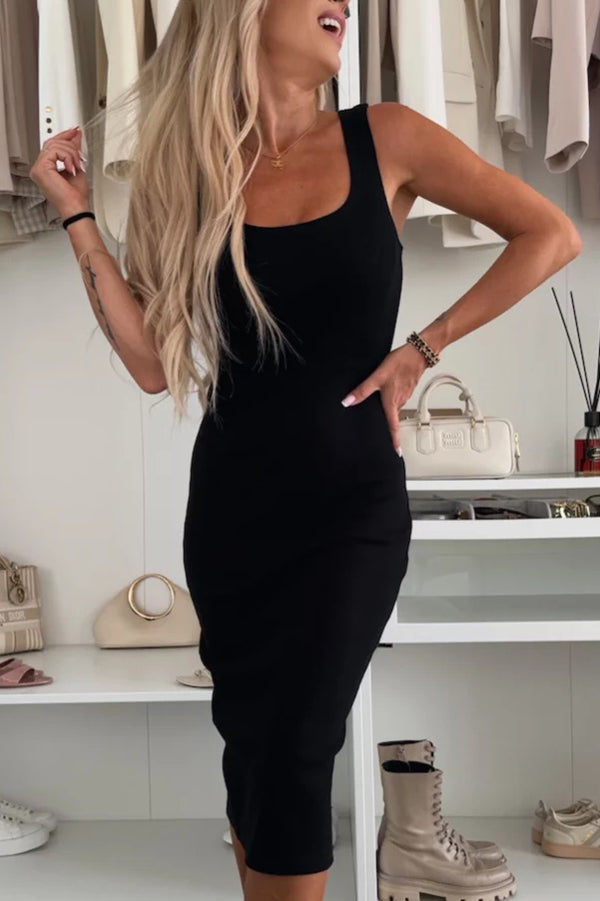 Comfort and Femininity Knit Ribbed Tank Slit Stretch Midi Dress