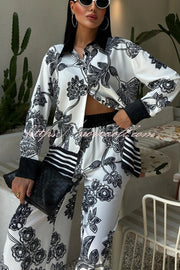 Sofia Contrast Color Flowers Print Long Sleeve Shirt and Elastic Waist Pocketed Pants Set