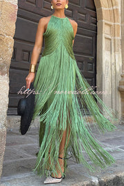 Fashion Sleeveless Halter Neck Elegant Tassel Slim Maxi Dress