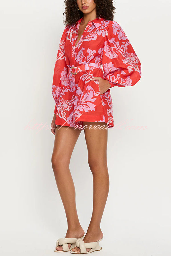 Linen Blend Botanical Print Lapel Puff Sleeve Loose Tie Casual Rompers