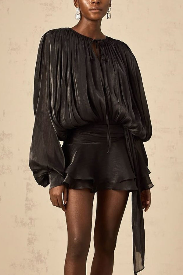 Solid Color Long-sleeved Belted Asymmetrical Mini Dress and Elastic Waist Casual Shorts Set