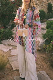 Sun Washed Knit Colorful Zigzag Pattern Asymmetric Hem Loose Cover-ups Kaftan