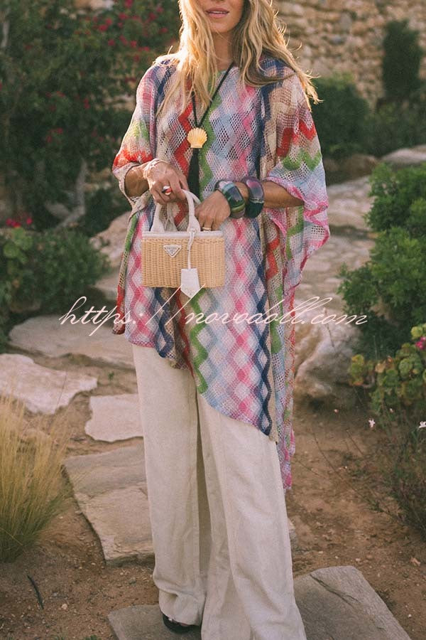Sun Washed Knit Colorful Zigzag Pattern Asymmetric Hem Loose Cover-ups Kaftan