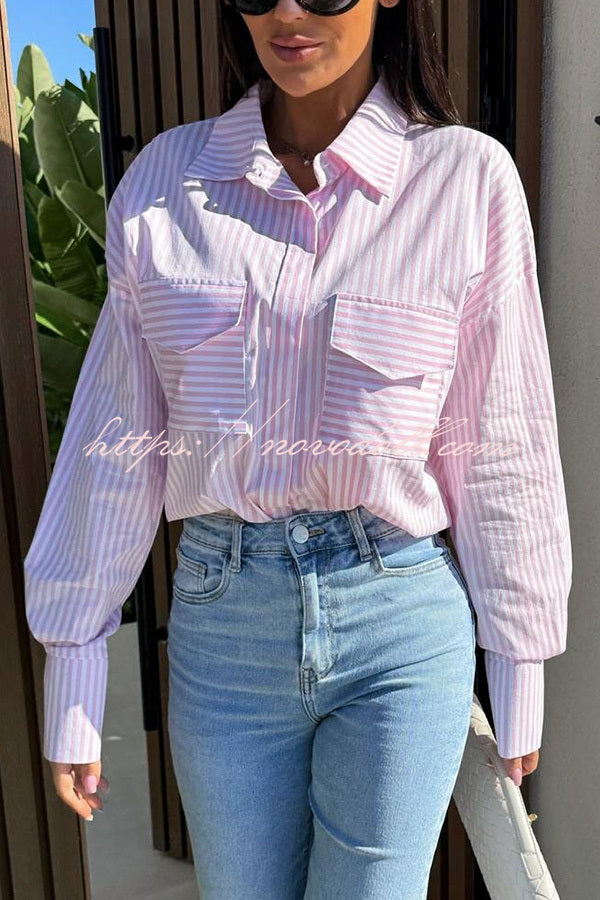 Stripe Print Lapel Long Sleeve Pocket Casual Shirt