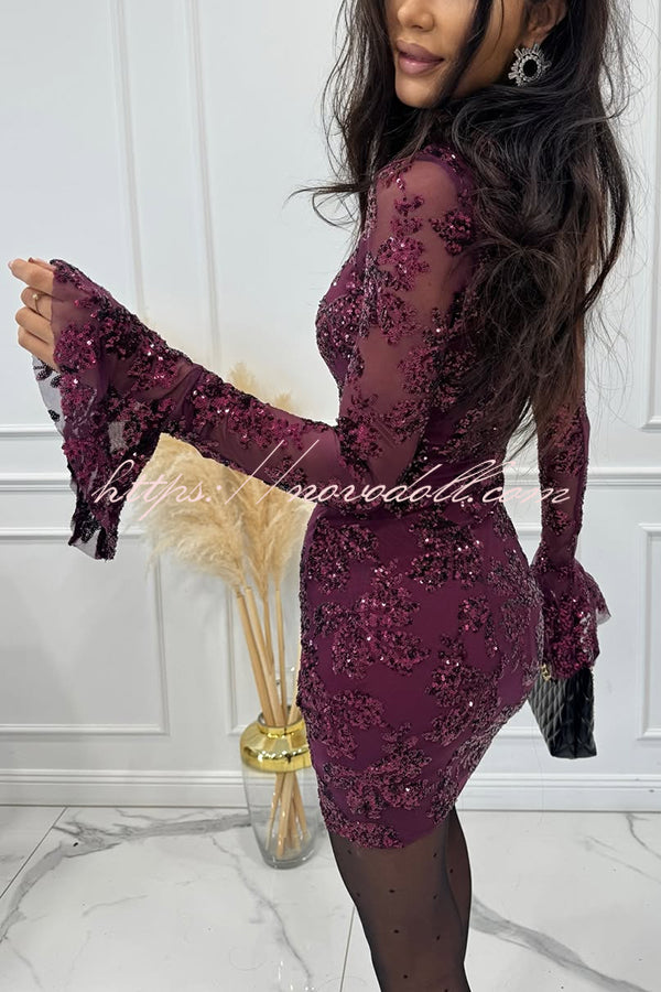 Deep and Dazzling Floral Texture Sequin Long Bell Sleeve Open Back Mini Dress