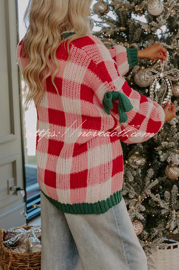 Holiday Cozy Checkered Knit Color-blocked Plaid Bow Long-sleeved Cardigan