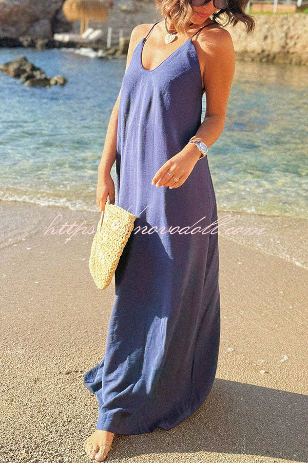 Sunny Beach Straps Unique Beaded Detail Backless Slit Maxi Dress