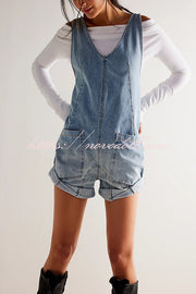 Stylish Loose Sleeveless Pocket Straps Adjustable Denim Rompers