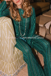 Relaxing Time Knit Zigzag Pattern Tassel Trim Slit Top and Wide Leg Pants Set