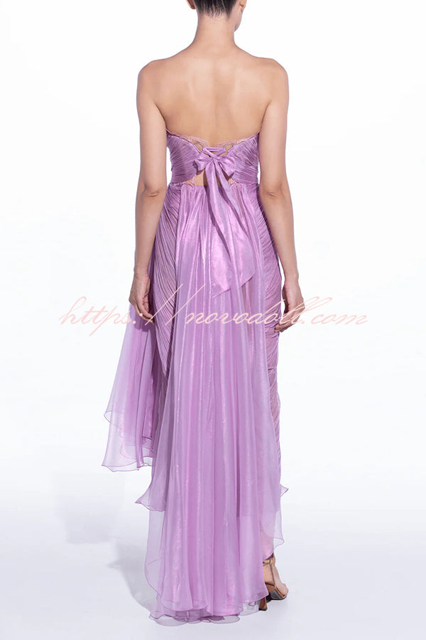 Julie Tulle Lace Trim Off Shoulder Ruched Back Lace-up Drape Slit Maxi Dress