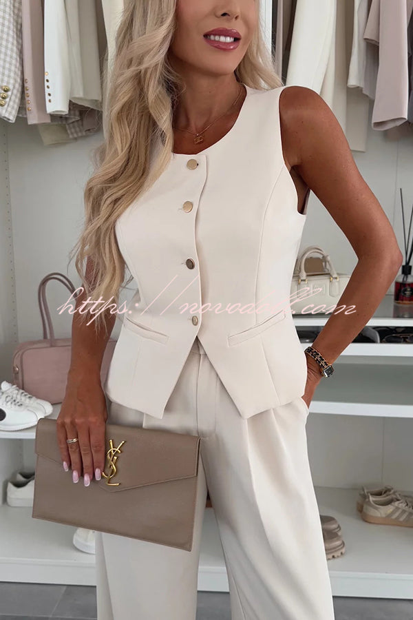 Workplace Chic Sleeveless Button Vest and Relaxed Pocket Wide Leg Pants Set