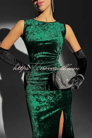 Solid Color Velvet Round Neck Sleeveless Slim Slit Maxi Dress