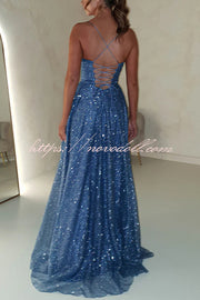 Cinderella Glitter Tulle Fabric Cowl Neck Back Lace-up Pocketed Slit Maxi Dress