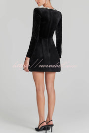 Endless Celebration Velvet Jewel Embellished Trim Long Sleeve Pocketed Mini Dress