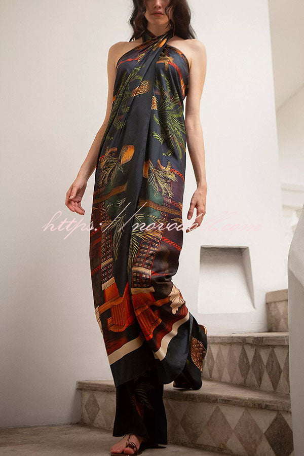 Jungle Elf Unique Print Halter Slit Midi Tank and Elastic Waist Wide Pants Set