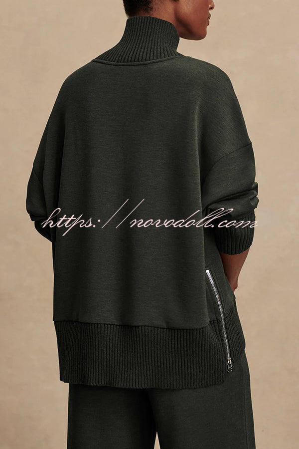 Barker High-Neck Long Sleeve Side Zipper Sweatshirt and Elastic Waist Pocketed Loose Pants Set