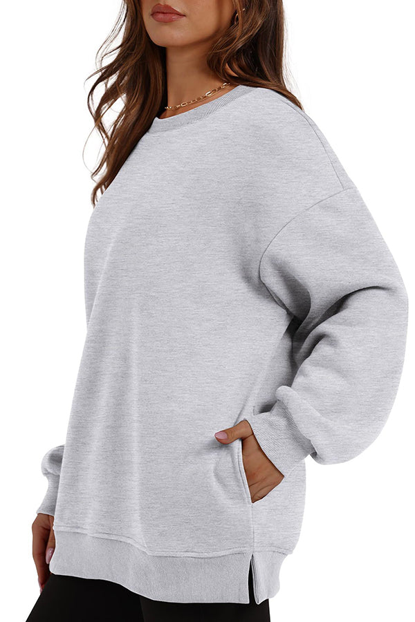 Solid Color Round Neck Pocket Loose Warm Long Sleeve Sweatshirt