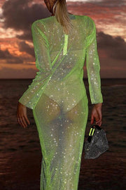 Sparkling Sequin Round Neck Slit See Through Long Sleeve Maxi Dress