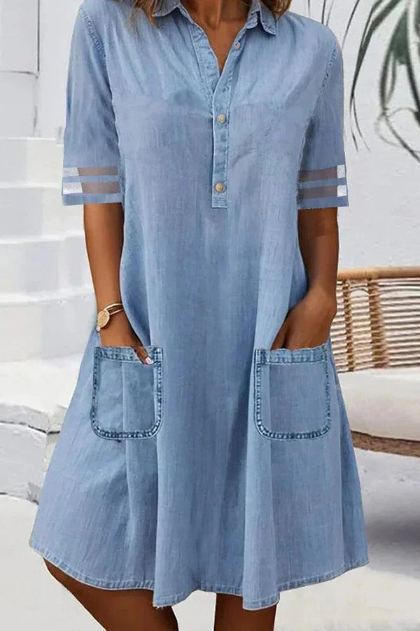 Solid Color Lapel Short Sleeve Loose Pocket Denim Mini Dress