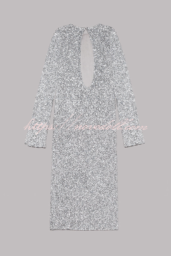 Ignite Sparkly Nights Sequin Extra Long Sleeve Open Back Loose Midi Dress