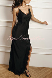Breezy City Fall SatinLace Petal Trim Slip Tie-up H-line Slit Maxi Dress