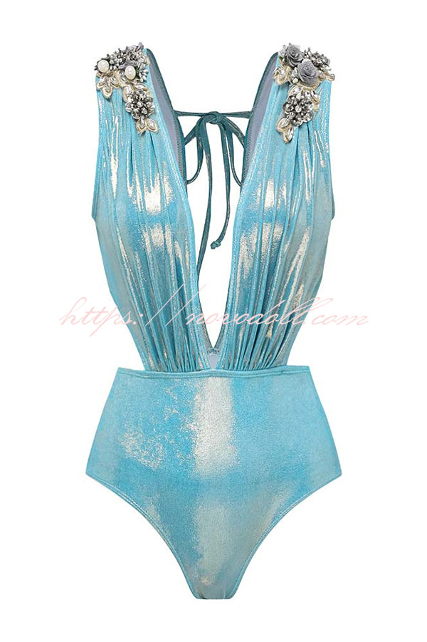 Solid Color Shiny Fabric Deep V Metal Embellished Stretch One-piece Swimsuit