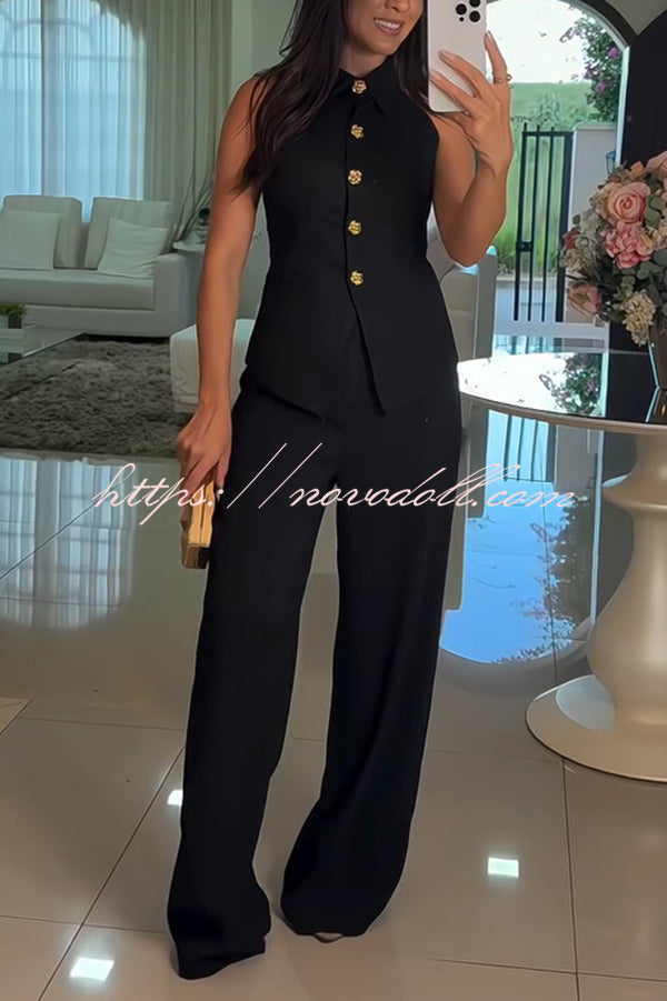 Fashion Lapel Sleeveless Button Vest and Casual Straight-leg Suit Pants Set