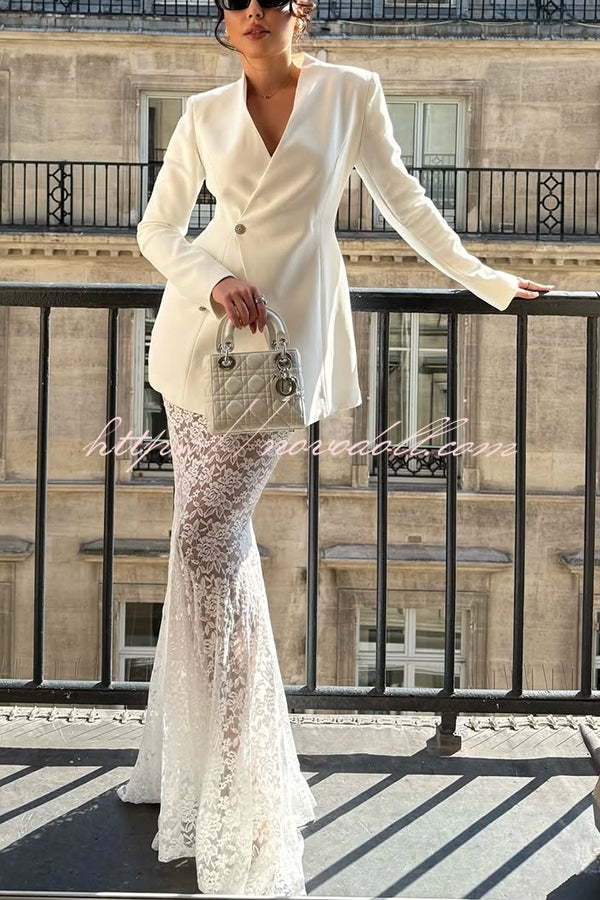 Poetic Muse Floral Lace High Rise Elastic Waist Fishtail Hem Maxi Skirt