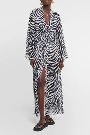 Marsie Zebra-print Elastic Drawstring Waist Long Bell Sleeve Cover-up Kimono