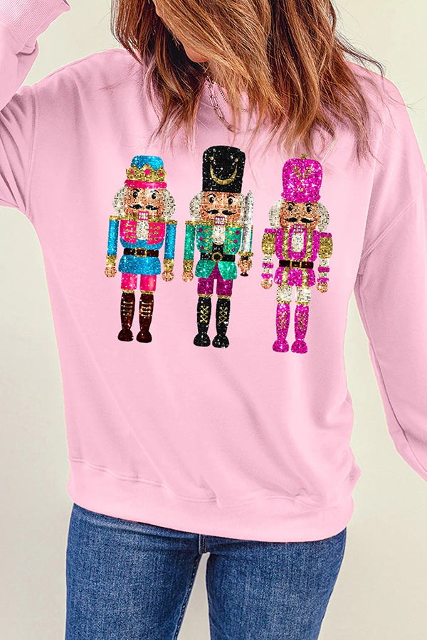 Christmas Soldier Sequin Loose Crew Neck Long Sleeve Sweatshirt