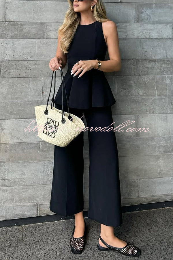 Solid Color Round Neck Sleeveless Casual Top and Loose Straight Pants Set
