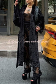 Gorgeous Glossy Velvet Long Bell Sleeve Tie-up Pocket Midi Kimono Coat