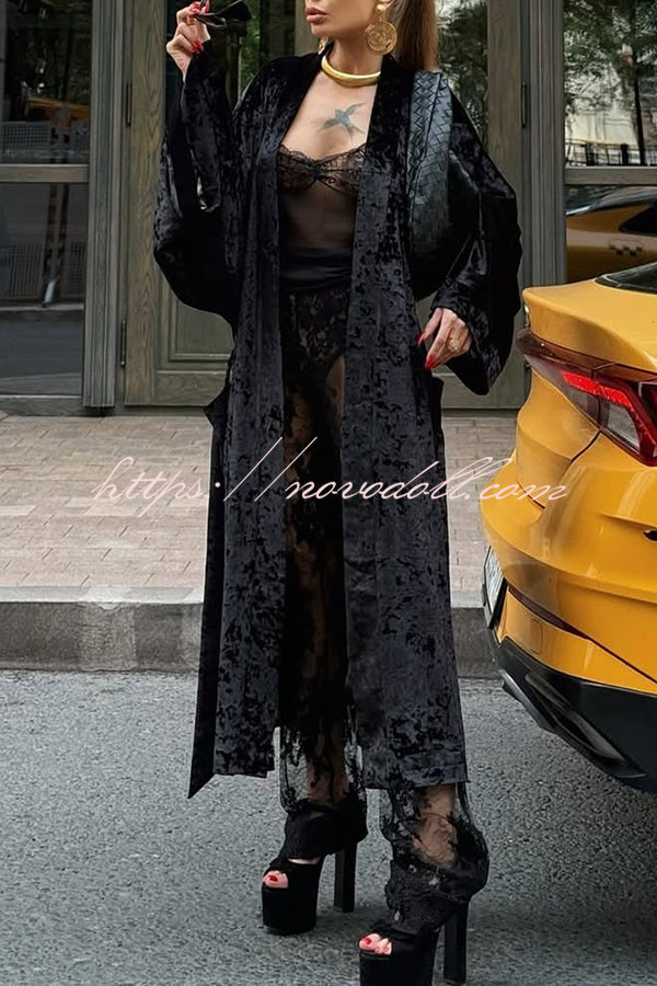 Gorgeous Glossy Velvet Long Bell Sleeve Tie-up Pocket Midi Kimono Coat