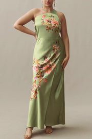 Wedding  Guest Satin Floral Print One Shoulder Side Slit Maxi Dress