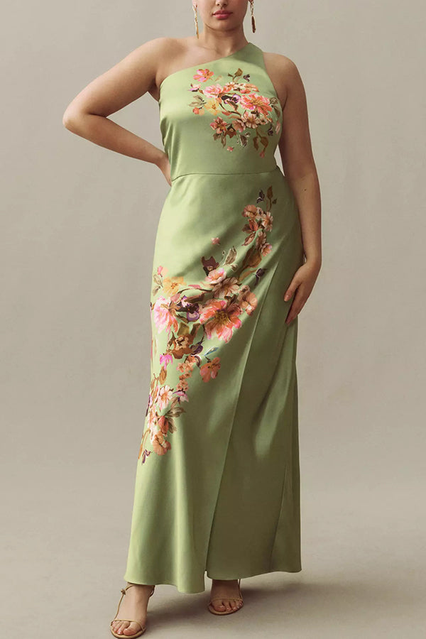 Wedding  Guest Satin Floral Print One Shoulder Side Slit Maxi Dress