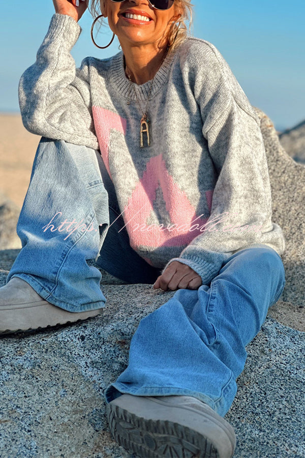 Letter Pattern Crew Neck Long Sleeve Loose Knit Sweater