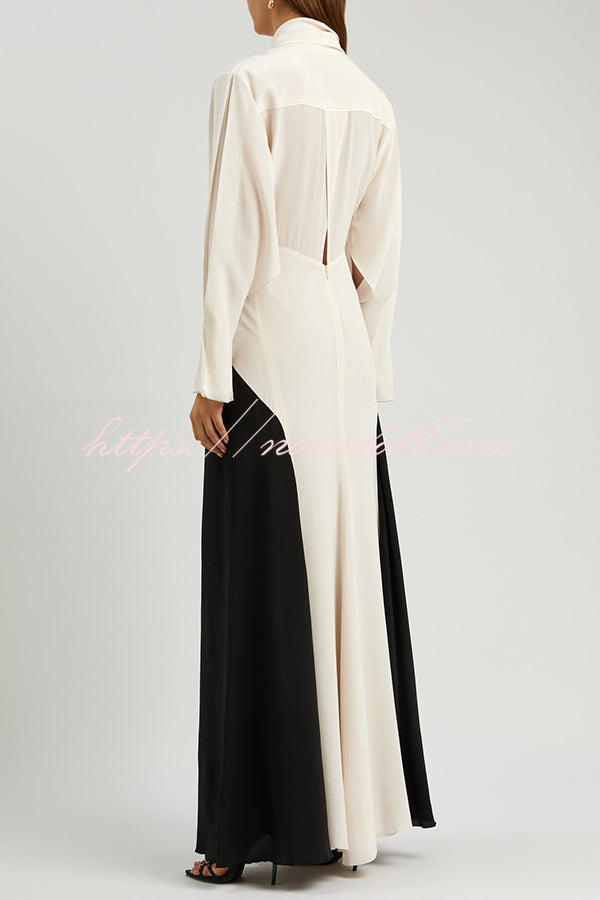 Fashion Contrast Color V-neck Tie High Waist Drape Maxi Dress