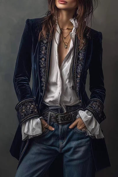 Gold Velvet Patchwork Printed Edge Long-sleeved Casual Jacket