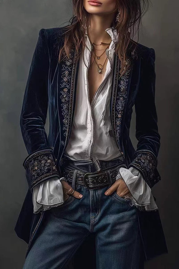 Gold Velvet Patchwork Printed Edge Long-sleeved Casual Jacket