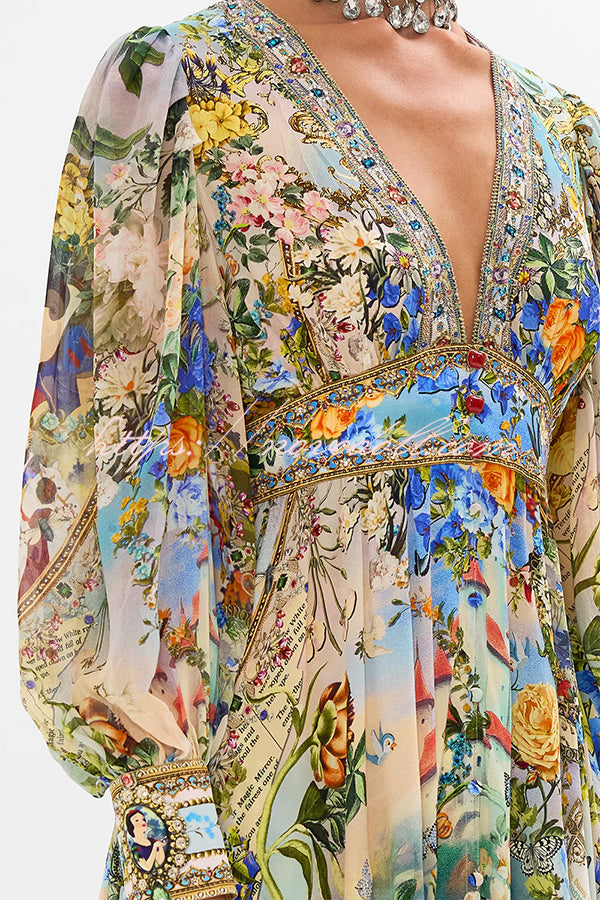 Fairy Tale Print V-Neck Lantern Sleeve Waist Maxi Dress