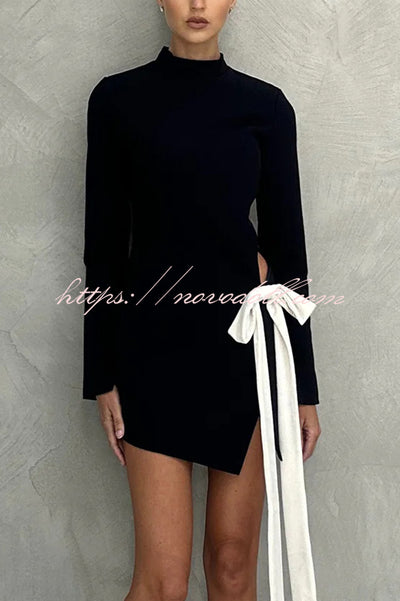 Fashionable Long-sleeved Hollowed-out Bow Slim-fit Mini Dress