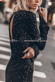 Ignite Sparkly Nights Sequin Extra Long Sleeve Open Back Loose Midi Dress