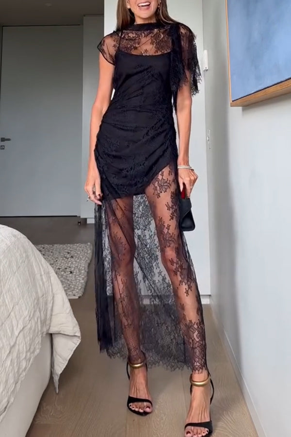 Romantic Statement Lace One Shoulder Bell Sleeve Asymmetrical Maxi Dress