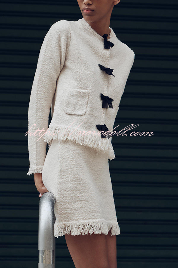 Fashion Round Neck Long Sleeve Bow-decorated Pocket Knitted Jacket