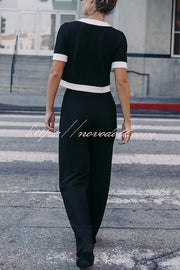 Fashion Contrast Color Stretch High Waist Casual Straight Pants