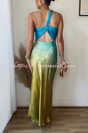 Satin Ombre One Shoulder Backless Fitted Maxi Dress